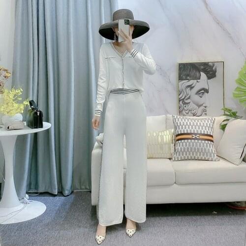 Autumn Ice Silk Womens Tracksuit Knitted Lattice V-neck Long Sleeve Tops + Wide Leg Pants Casual High Quality Two Piec Set