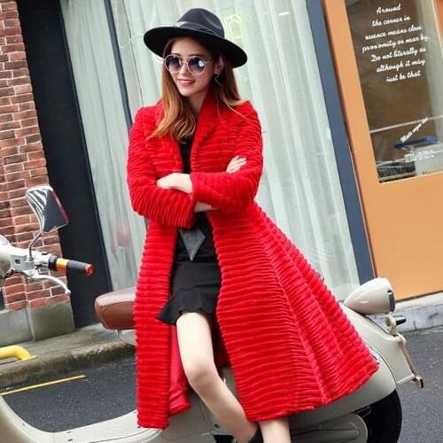 Korean Style Lady Real Sheared Rabbit Fur Coat Jacket Turn Down Collar Autumn Winter Women Fur Trench Outerwear Coats VF1087