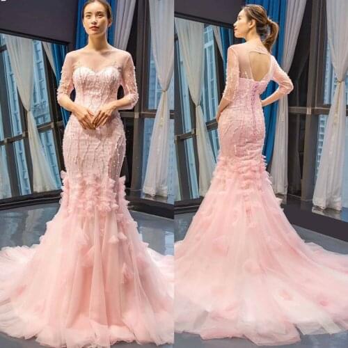 2019 New Arrival Evening Dresses Jewel 3/4 Long Sleeve Lace Appliques Beading Prom Gowns Dubai Arabic Mermaid Party Dress