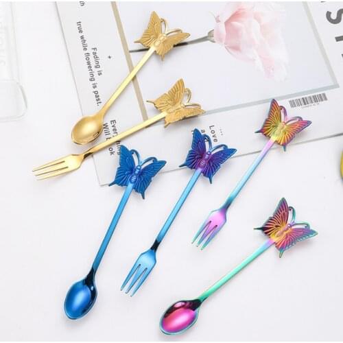 NEW 1Pc Stainless Steel Coffee Spoon Teaspoon Gold Plated Sugar Dessert Fruit Fork Mirror Polishing Butterfly Handle Dinnerware