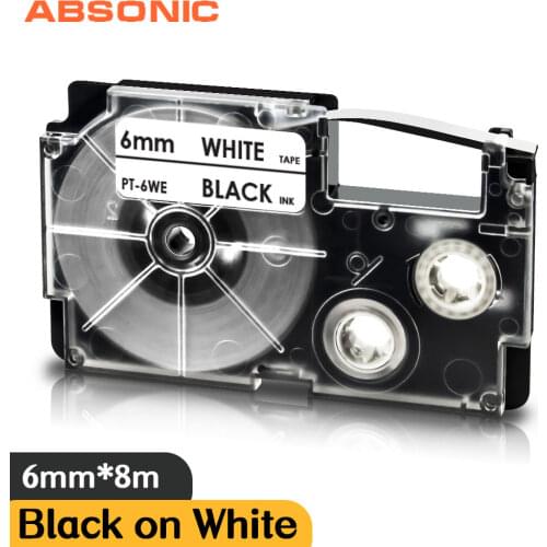 Absonic 6mm Compatible for Casio XR-6WE Label Tape Black on White Printer Ribbon XR6WE XR 6WE for KL-60 Typewriter KL120 EZ Labe