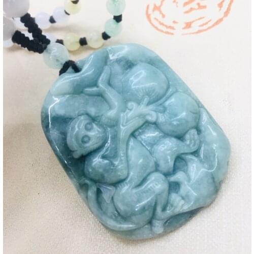 Pure natural Emerald jade hand carved engraving zodiac monkey pendant tricolor jade bead necklace men and women sweater chain