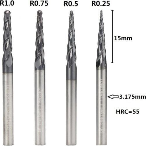 1pc r0.25 / r0.5 / r0.75 / r1.0 3.175mm tapered shank ball nose end mill wood carbide engraving bit router cnc milling cutter