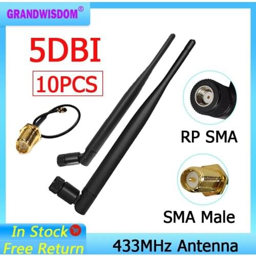 433Mhz Antenna 5dbi GSM 10pcs 433 mhz RP-SMA Connector Rubber Lorawan antenna+ IPX to SMA Male Extension Cord Pigtail Cable