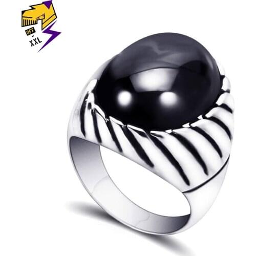 Retro Titanium Steel Black Stone Rings Women Men Punk Onyx Ring Brand Fashion Jewelry