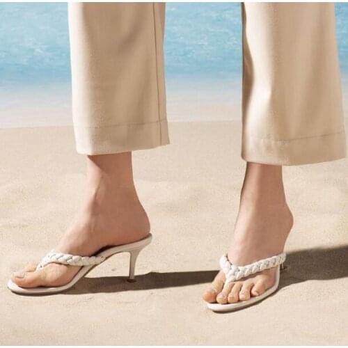 Linamong Girls Beige Black Pink Khaki Blue Gold White Knitting Braid Clip-toe Heels Slippers Woman 6 cm 8 cm Thin Heels Sandals