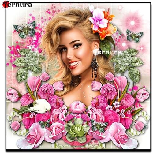 Fashion beautiful smiling girl 5D Diy Diamond Painting Cross Stitch kits woman beadswork Embroidery Mosaic Lily butterfly flower
