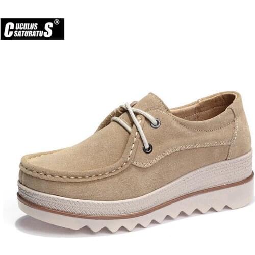 Cuculus Spring Autumn Women Flats Shoes leather suede moccasins platform sneakers heels shoes ladies lace up casual creepers 510