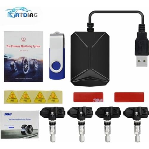 USB TPMS Android Car Tire Pressure Monitor with 4 External Sensors 116 psi Monitoring Alarm System 5V Wireless Transmission TPMS