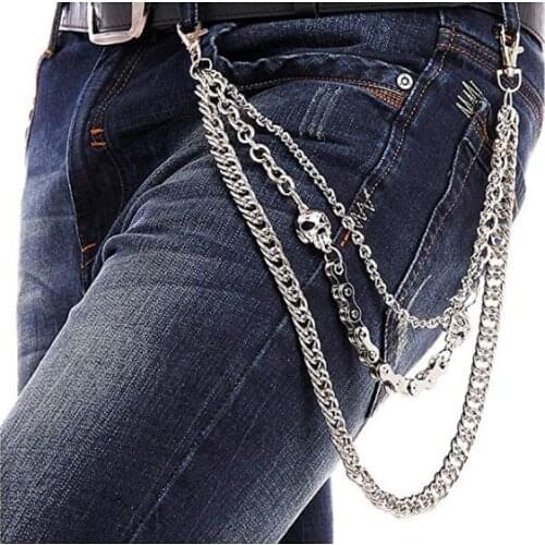 Mens Hip Top Punk Rock Pants Trousers Jeans Waist Wallet Skull Metal Chains