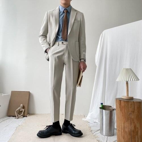 2021 Men Spring 2 Pieces Formal Business Blazer + Pants Suit Sets Men Fashion Solid Slim Wedding Prom Groom Blazers Suits W439