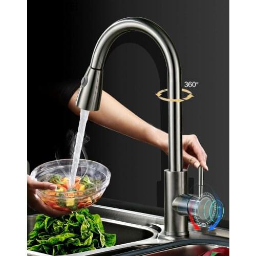 New hardware stainless steel brushed kitchen rotating faucet modern sink sink pull-type hot and cold water mixer free shipping