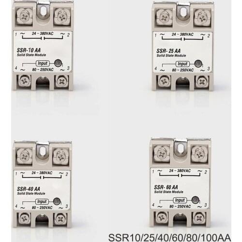 10A/25A/40A/50A/60A/75A/90A/100A SSR Single-phase Solid State Relay AC-AC Input 80-280VAC Load 24-380VAC