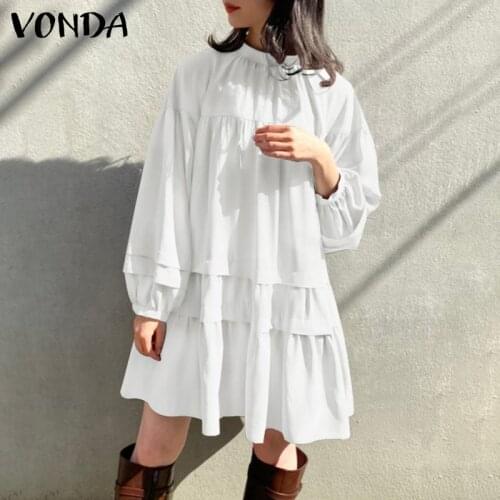 Beach Mini Dress Women Sexy Solid Long Sleeve Summer Dresses Elegant Sundress 2021 VONDA Plus Size Short Robe Femme Vestido