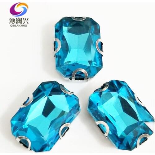 Lake blue Rectangle octagonal shape Glass Crystal flatback sew on Anti hook D shape claw rhinestones,Diy Clothing accessories