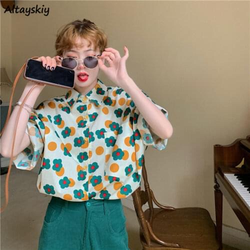 Shirts Women Summer Retro Loose Floral Korean Style Students All-match Sweet Lovely Ladies Soft Casual Fashion Streetwear Ins