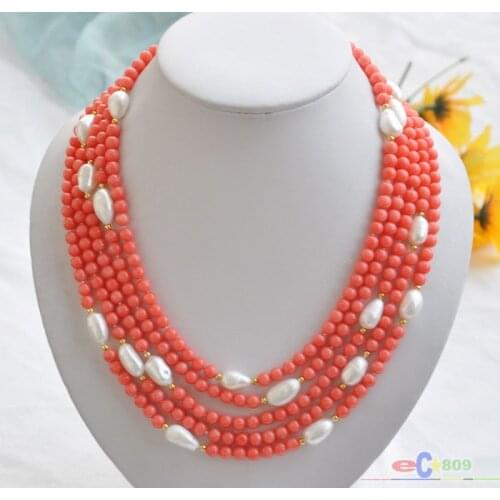 S1540 natural 5row 21" pink coral bead white baroque pearl NECKLACE