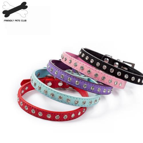 Small Pet Dog Velvet PU Leather Collar Puppy Cat Crystal Rhinestone Neck Strap 3615HG