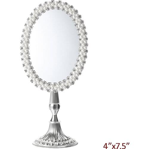 Wedding Favors Shiny Silver Plating with White Pearls and Rhinestones Jeweled 4x7.5 inches Oval Metal Framed Tabletop Mirror