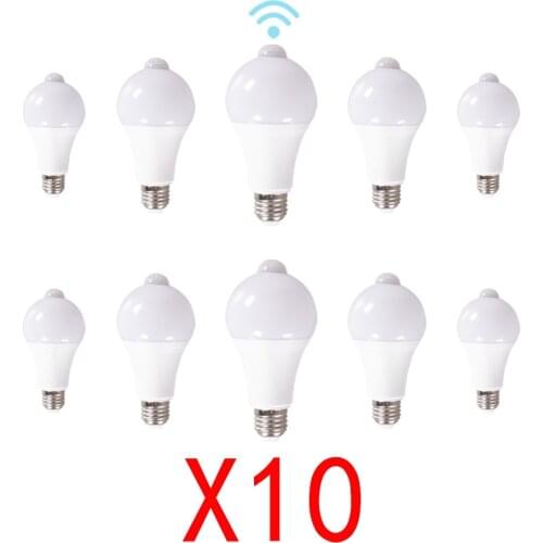 10PCS Lampada 9W 12W15W LED PIR Motion Sensor Light Bulb E27 Smart Bulb Detector Sensor Lamp for Home Porch Yard Garage Lighting