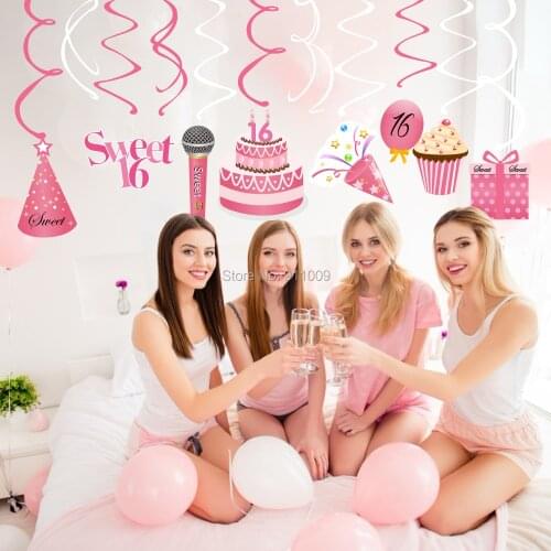 30pcs/set Sweet 16 Happy Birthday Party Decorations DIY Pink PVC Ceiling Hanging Swirls Sprial Ornaments Party Supplies XL067