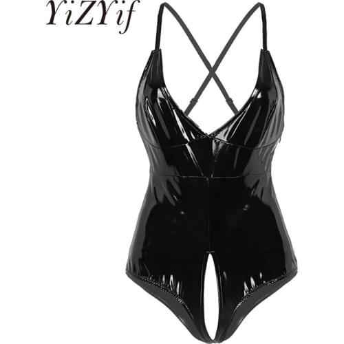 Women Open Crotch Bodysuit Wet Look Patent Leather Lingerie Plunging V-neck Adjustable Spaghetti Straps Cross Leotard Nightwear