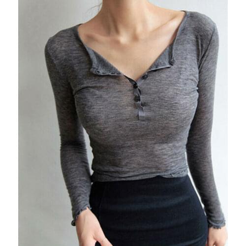 Women Button Neck Henley T-shirt Stretch Sheer Tee Top Slim Ruffle Sexy