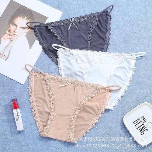 Ice silk panties ladies bikini European and American low waist sexy bow tie lace briefs