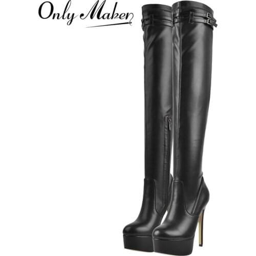 Onlymaker Winter Womens Platform Over The Knee Boots Matte Black Round Toe Buckles Stiletto High Heel Boots Zipper Concise