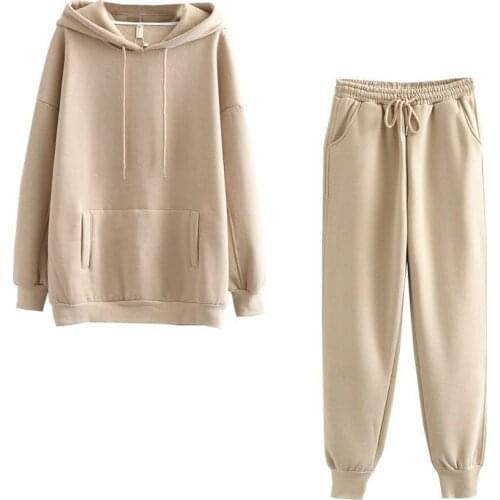 Women Tracksuit Fleece Hoodie Sweatshirts Winter Fashion 2020 Thicken Oversize Ladies Pullovers Warm Pocket Long Pant Set