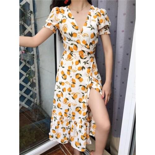 Summer French Floral Lemon Print One-piece Wrap Dress Women V-neck Yellow Platycodon Elegant Short Sleeve Girl Dresses 2021 Robe