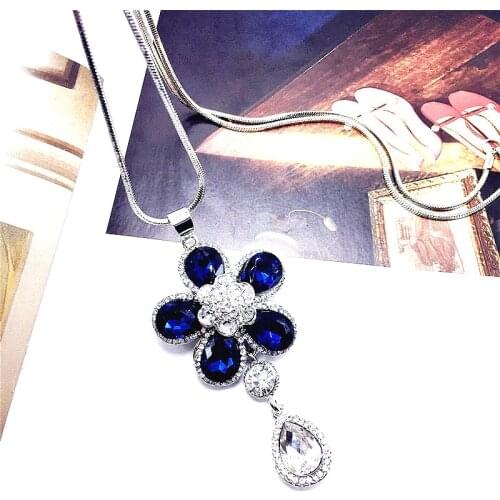 Elegant Blue Crystal Flower Water Drop Pendant Long Necklace Women Bijoux Sweater Fashion Jewelry Fine Gift