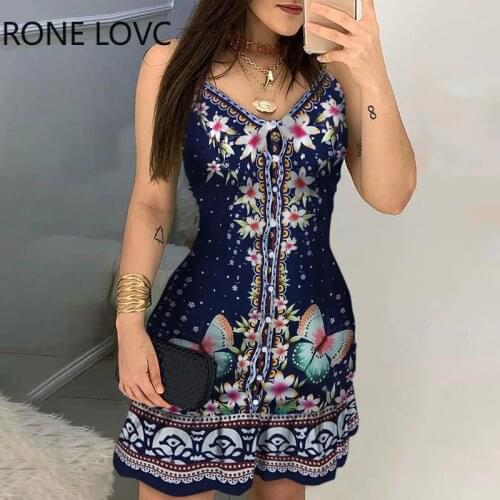 Women Sleeveless Bottoned Floral Butterfly Print Ruffles Dress Elegant Fashion Mini Dress Chic Dress