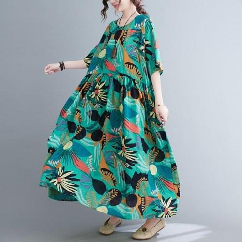 Fashion New 2021 Summer Dress Large Size Summer Colorful Print Holiday Beach Female Loose Casual Vintage Large Size Dresses