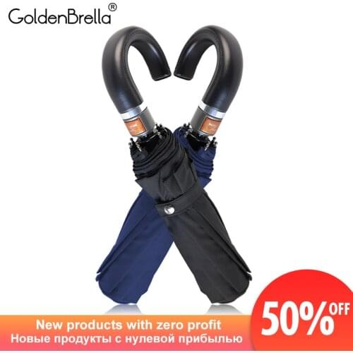 Classic Leather Handle Umbrella Men Automatic 10Ribs Windproof 3 Folding Umbrella Rain Women Business Male Quality Parasol