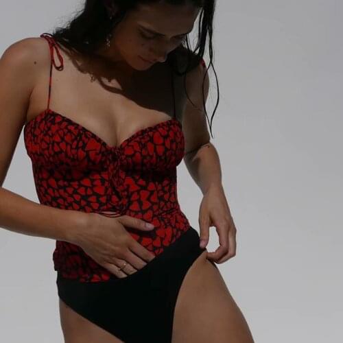 American Women Spaghetti Straps Slim Red Heart Printed Sexy Short Length Cami Top Sexy Printed Women Cami Top