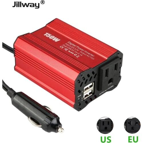Jillway 150W Car Power Inverter DC12V to AC110V220VConverter 2.1A+1ADual USB Car Charger Red Suitable for mobile phones laptops