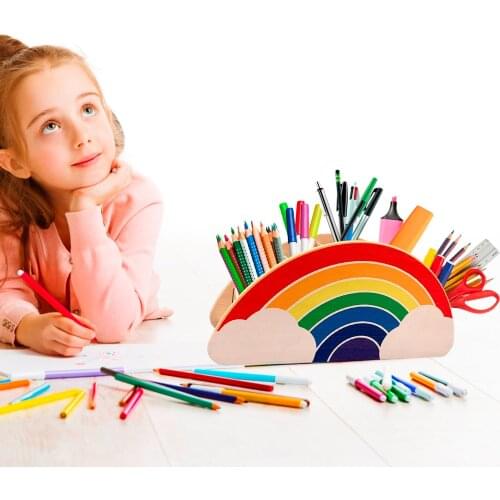 Wooden Pen Holder Rainbow Desktop Storage Box School Office Pencil Case Storage Box Stationery Tube Small Object Storage Box