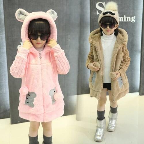 Girls Winter Children Faux Fur Coat Baby Hoodied Outerwear Warm Thick Clothing Cute Sweater Kids Cartoon Pattern Plush Ears Clot