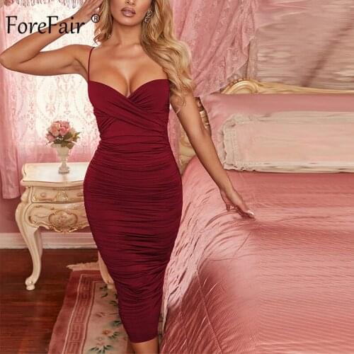 Forefair Sexy Bodycon Midi Party Dress Women Off Shoulder Thin Straps Ruched Evening Elegant Women Dress