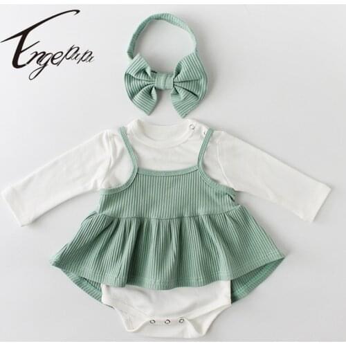 Engepapa Infant Baby Girls Bodysuits+Dress+Hair Band Korean Style Spring Autumn Newborn Baby Girls Cotton Long Sleeve Jumpsuit