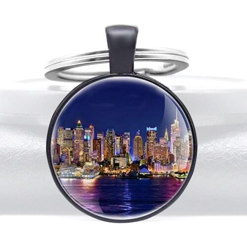 Charm New York Night View Glass Dome Metal Key Chain Fashion Men Women Key Ring Jewelry Gifts Keychain