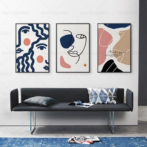Nordic Style Girl Face Poster Simple Line Canvas Painting Smile Face Morandi Wall Art Pictures Decor
