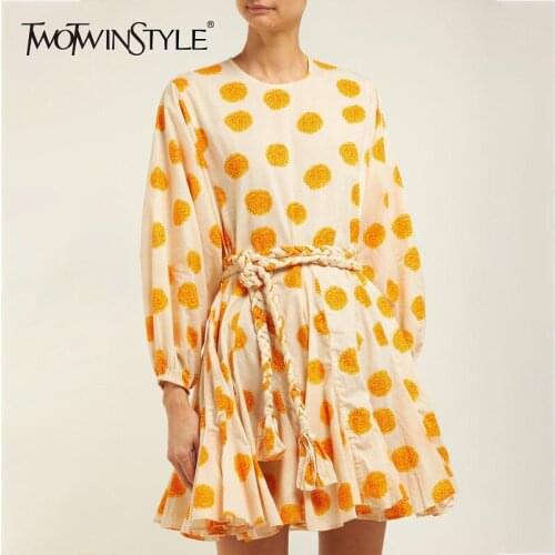 TWOTWINSTYLE Print Dress Women O Neck Lantern Long Sleeve Bandage High Waist Mini Dresses Female Casual Fashion 2020 Spring