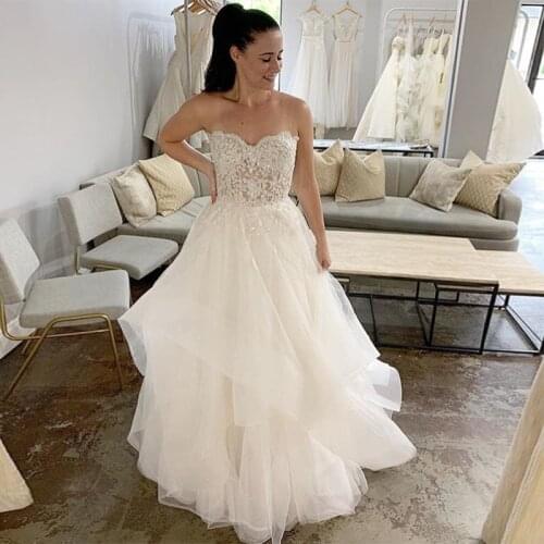 Romantic Illusion Bodice Wedding Dresses Sweetheart Appliques Bead Tiered Tulle Skirt Bridal Dress Custom Made