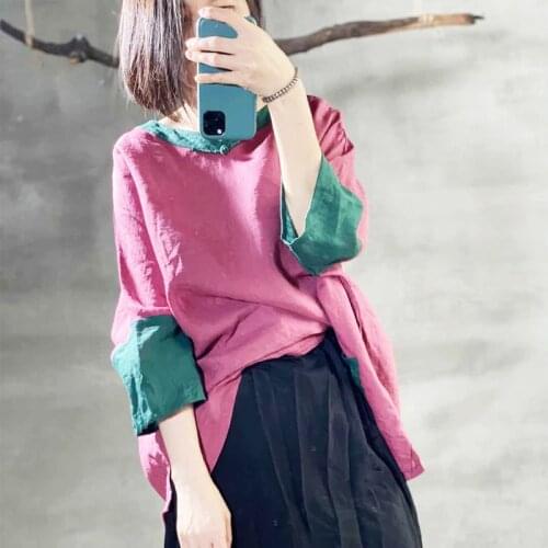 Women Loose Ramie Contrast Color Shirts Ladies Vintage Spliced Patchwork Blouse Female 2020 Summer Plus Size Shirt