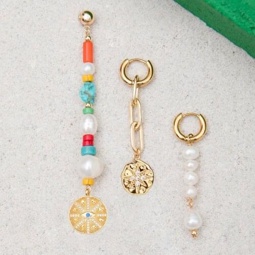 3 pcs NESTO TRIO SET stainless steel hoop Freshwater pearls Turquoise beads Assorted beads earrings for women