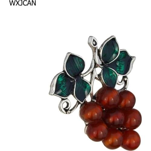 WXJCAN classic fruit grape brooch pins Blue glaze leaf and purple-red resin beads Fashion jewelry 50mm*40mm B5591