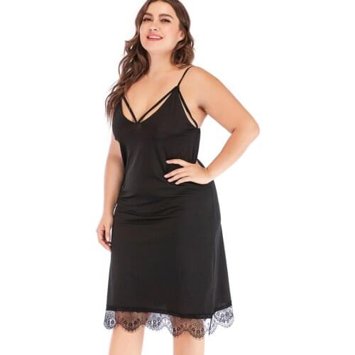JHBeute Black Slip Dress Plus Size Sexy Sleeveless Lace Nightdress Temptation V-neck Casual Large Size Ladies Pajamas Homewear