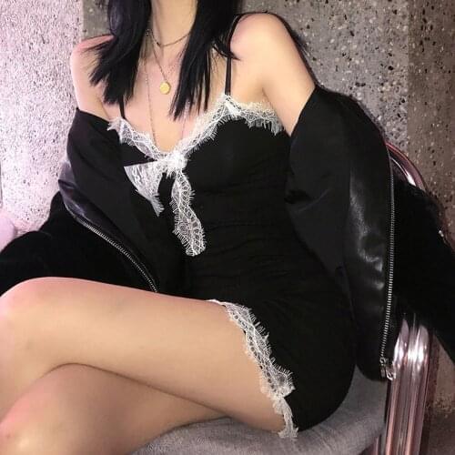 Women Ladies Sexy Lace Trim Mini Dress Fashion Solid Color Backless V-Neck Knot Bow Wild Chic Summer Bodycon Sling Dress